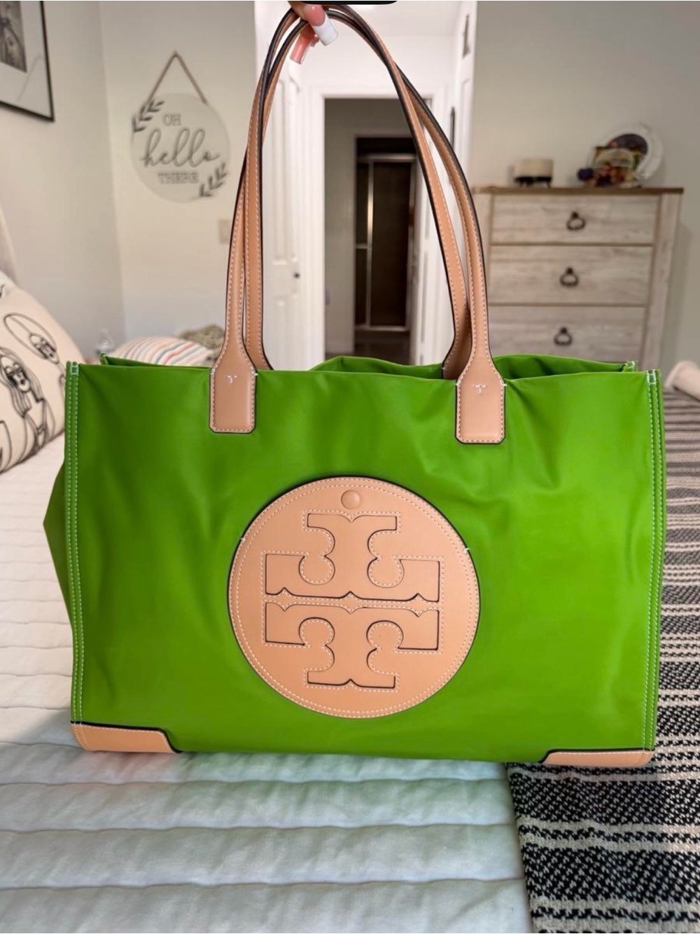 Tory Burch Lime Green Nylon Tote with Tan Leather Trim